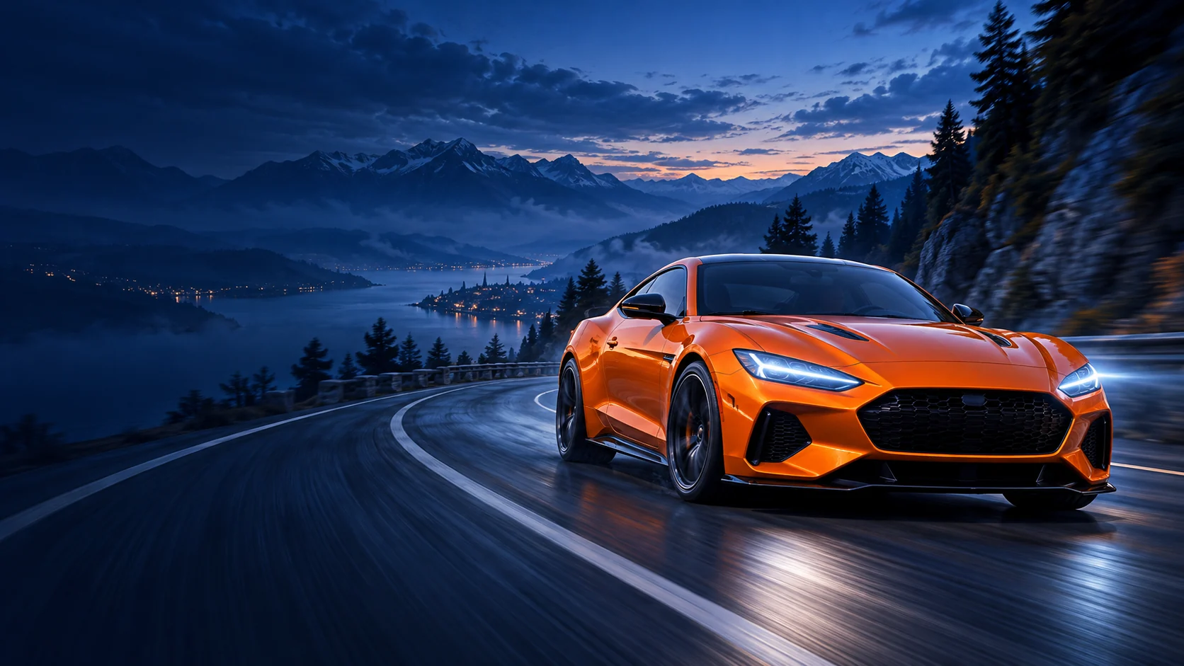 Original illustration of an orange sports coupe on a winding mountain road