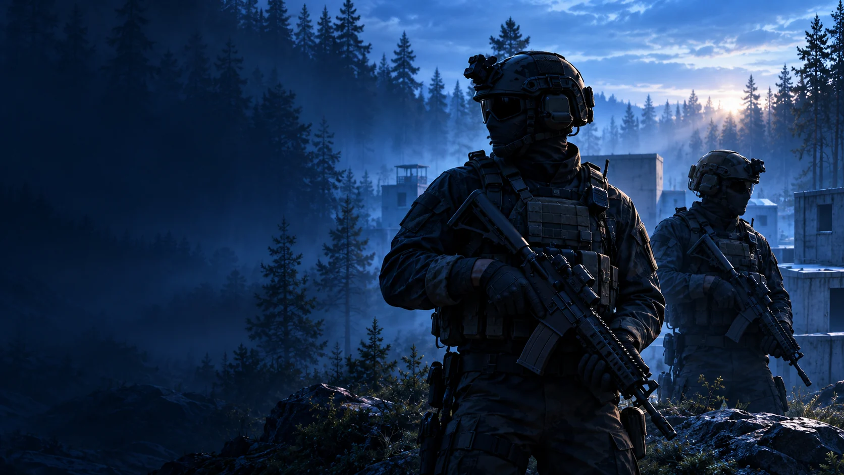 Original tactical illustration of two operators at a misty forest training compound