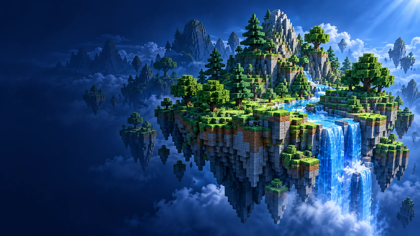 Original illustration of a floating block landscape with trees and a cascading river