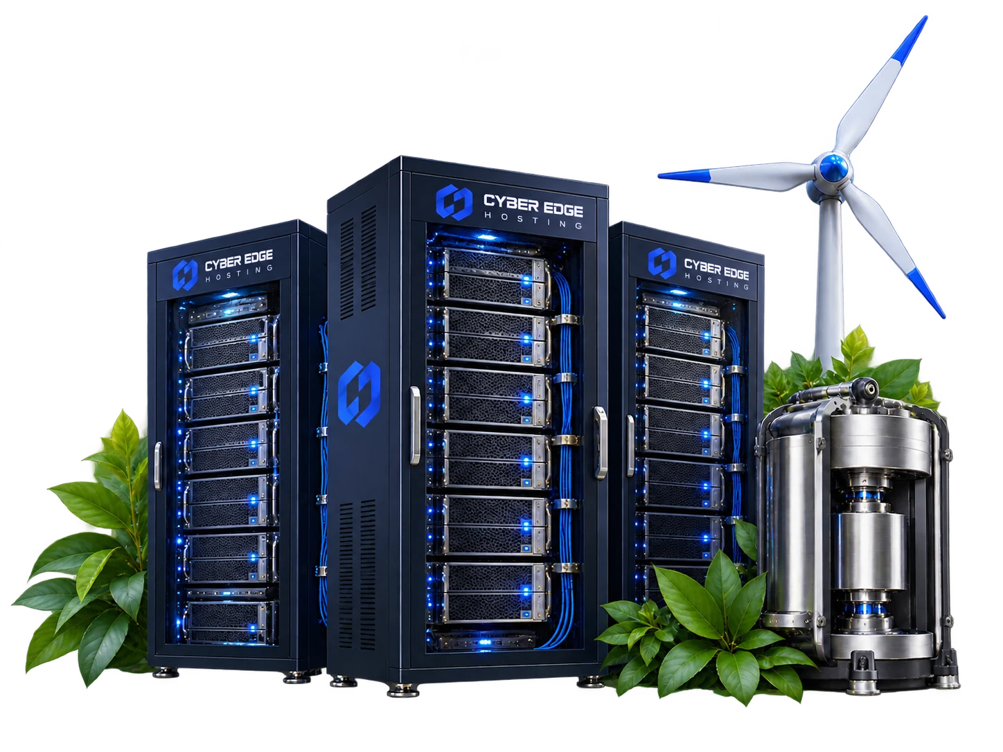 Server cabinets branded with the Cyber Edge Hosting logo, beside a wind turbine and flywheel energy storage
