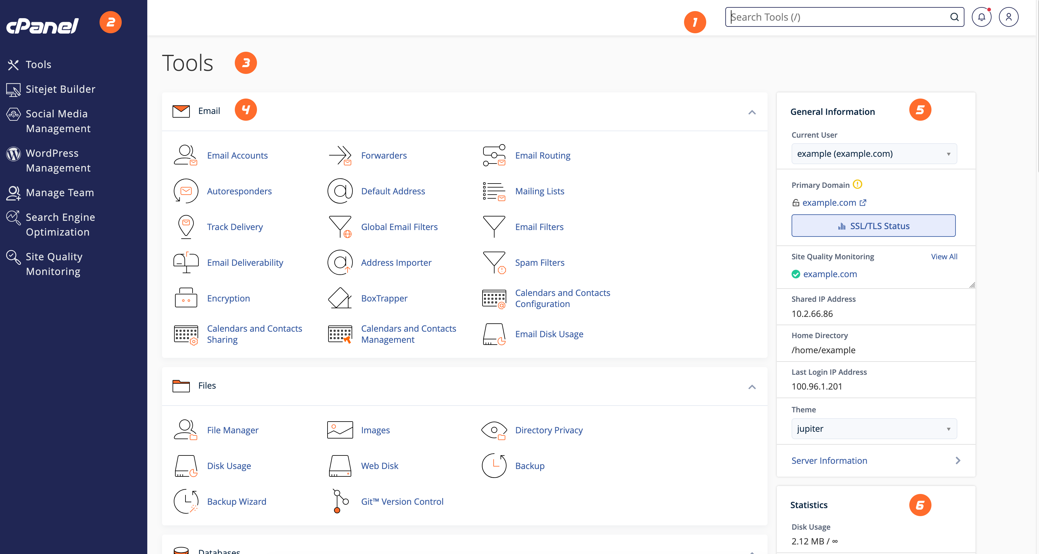 The cPanel Jupiter interface showing email, file management, and account tools.