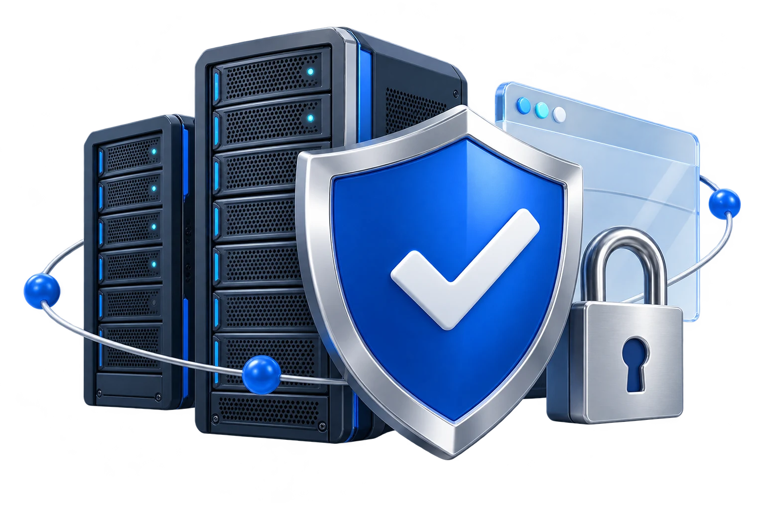 Blue shield, padlock, and detailed hosting servers representing website protection.