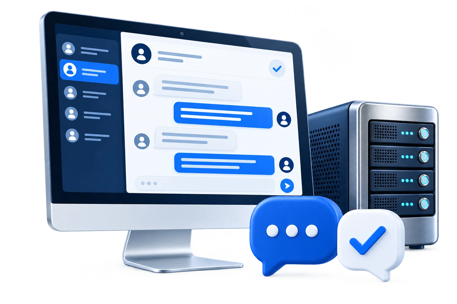 A detailed support conversation on a desktop screen alongside hosting servers and message bubbles.